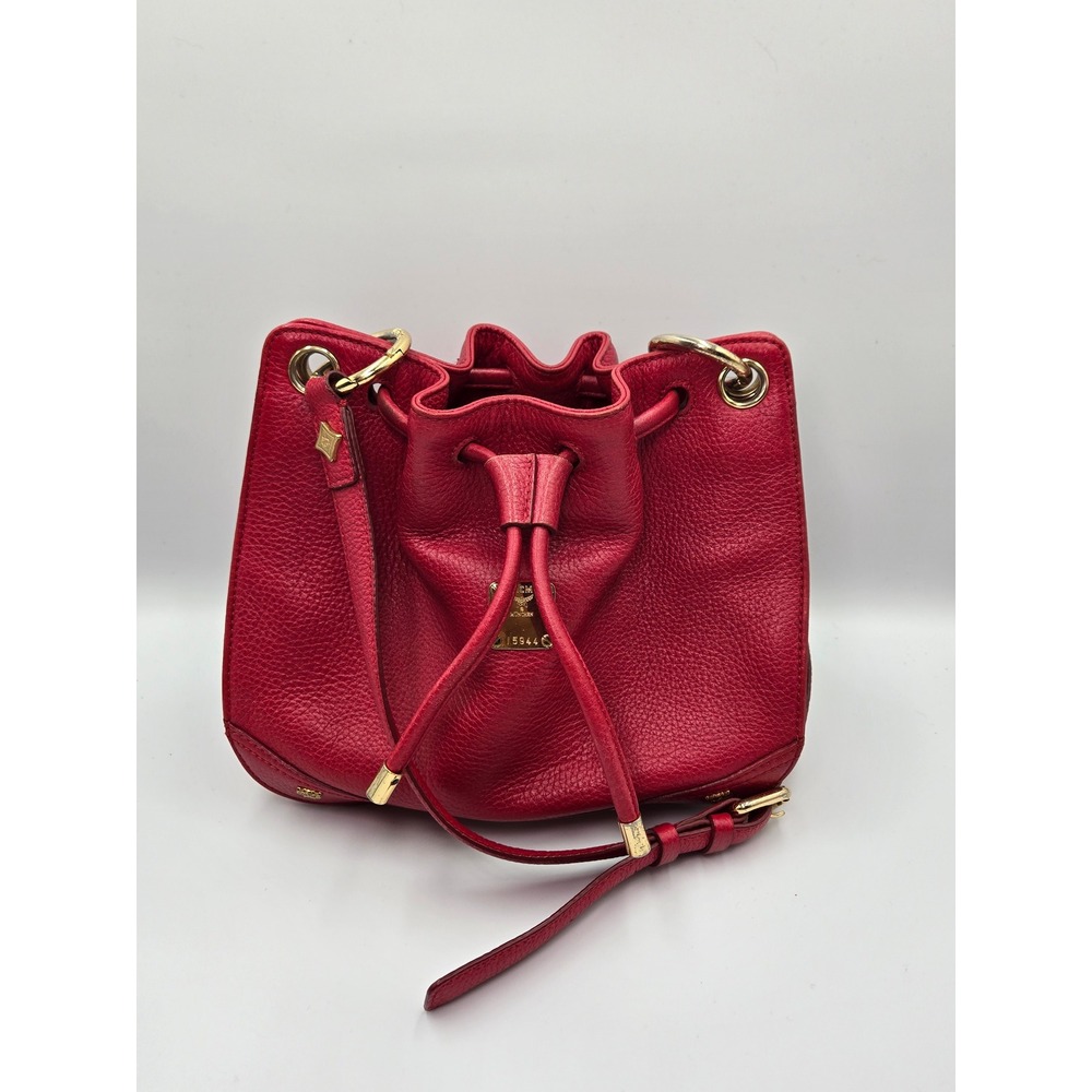 MCM Red Leather Bucket Bag Crossbody Drawstring Gold Hardware Small